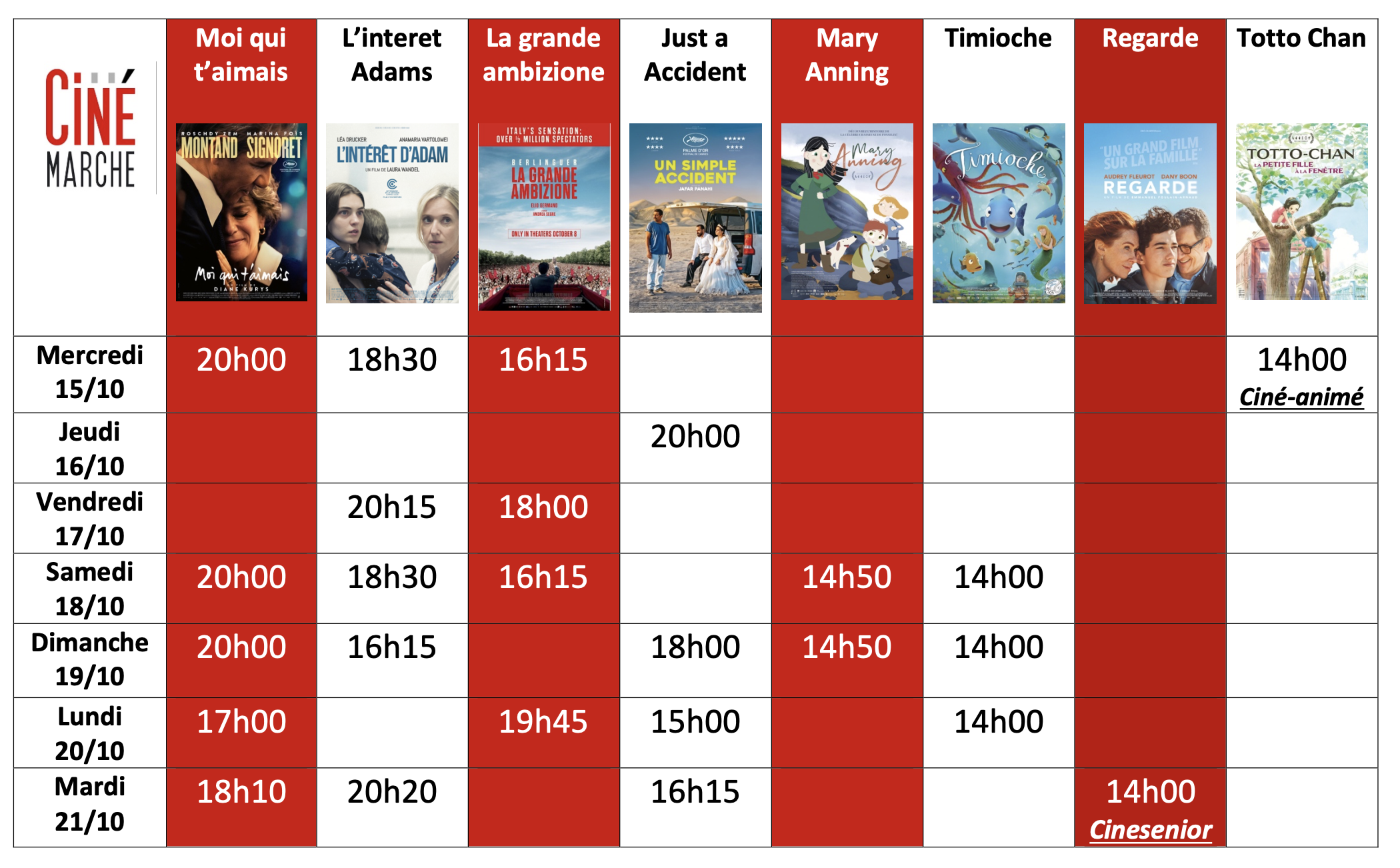 Programme de la semaine du 15/10