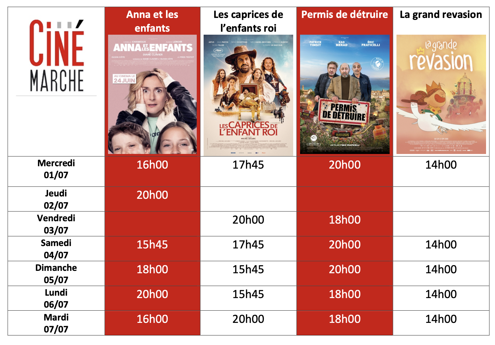 Programme du 1 au 7/07